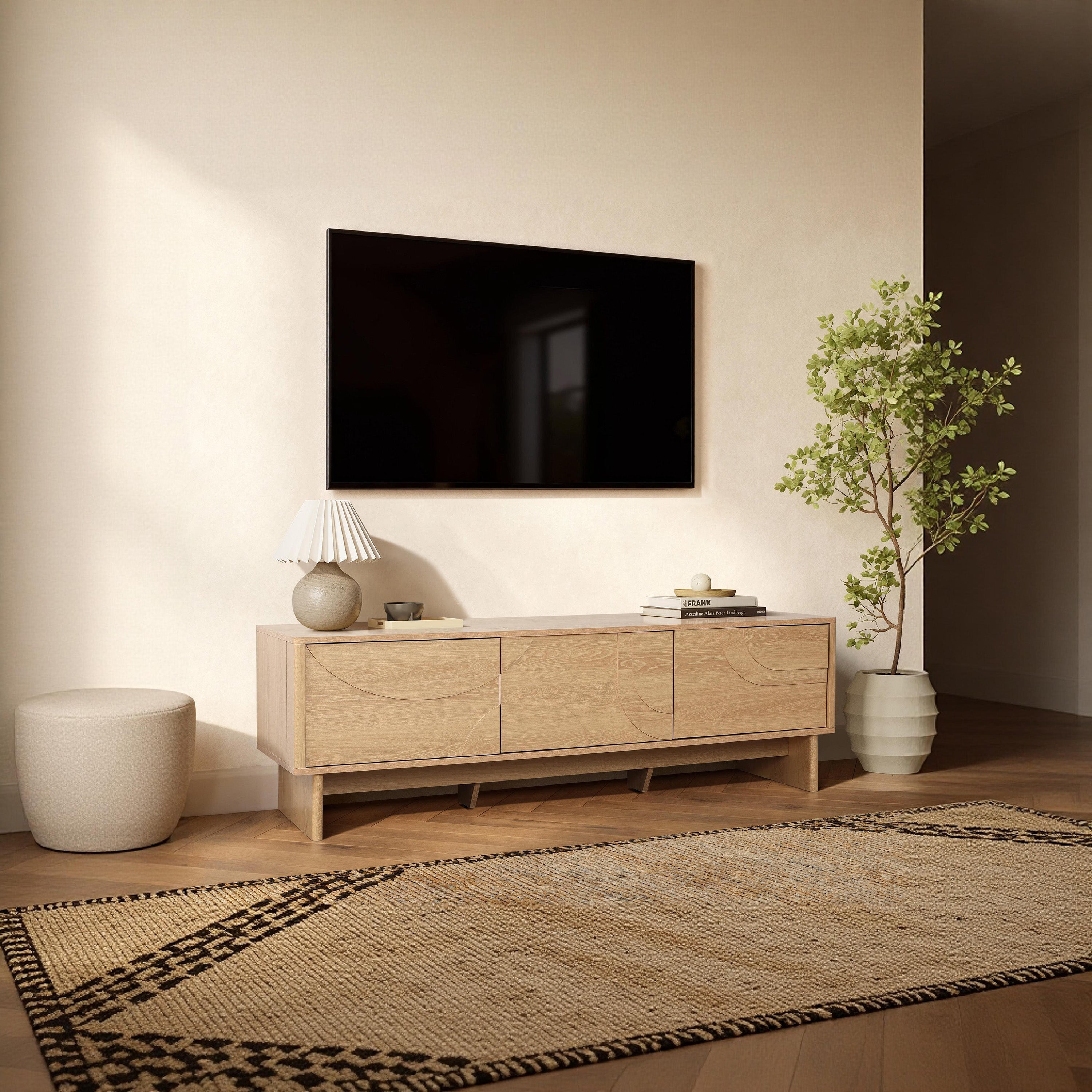 TV Console with 3 Doors, Geometric Carved Front, Light Wood Finish