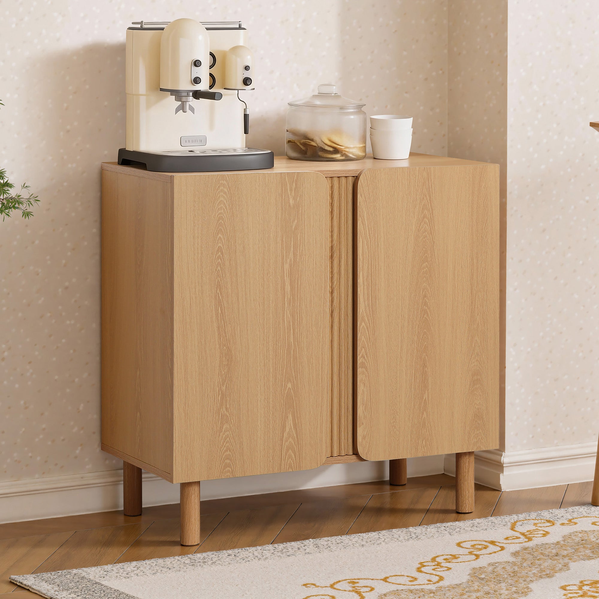 Minimalist Cabinet, 2-Door Storage in Blonde Birch Finish, Manufactured Wood