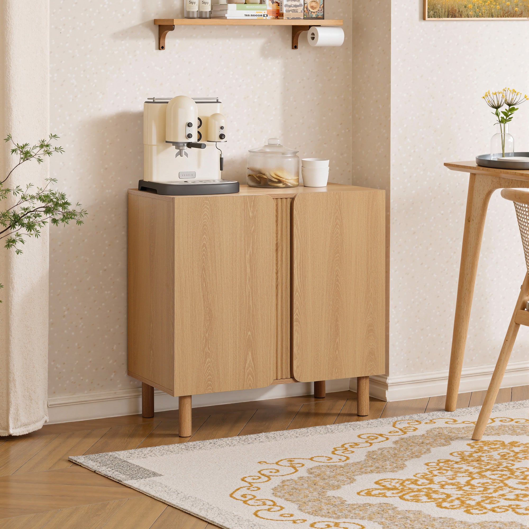Minimalist Cabinet, 2-Door Storage in Blonde Birch Finish, Manufactured Wood