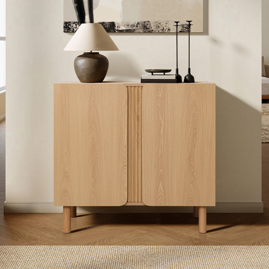 Minimalist Cabinet, 2-Door Storage in Blonde Birch Finish, Manufactured Wood