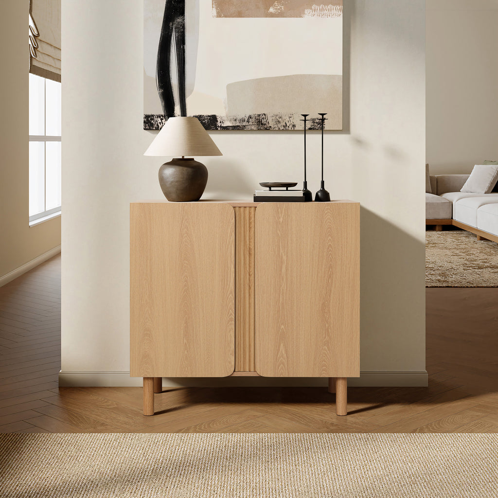 Minimalist Cabinet, 2-Door Storage in Blonde Birch Finish, Manufactured Wood
