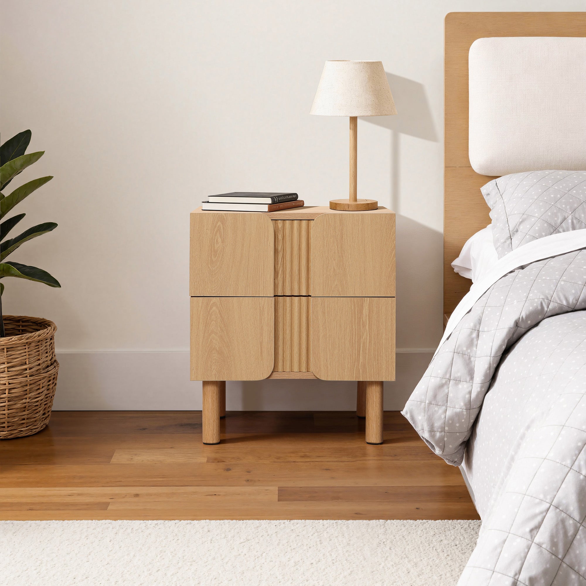Scandinavian-Inspired Nightstand – Natural North American White Oak with Curved Doors & Storage Drawers