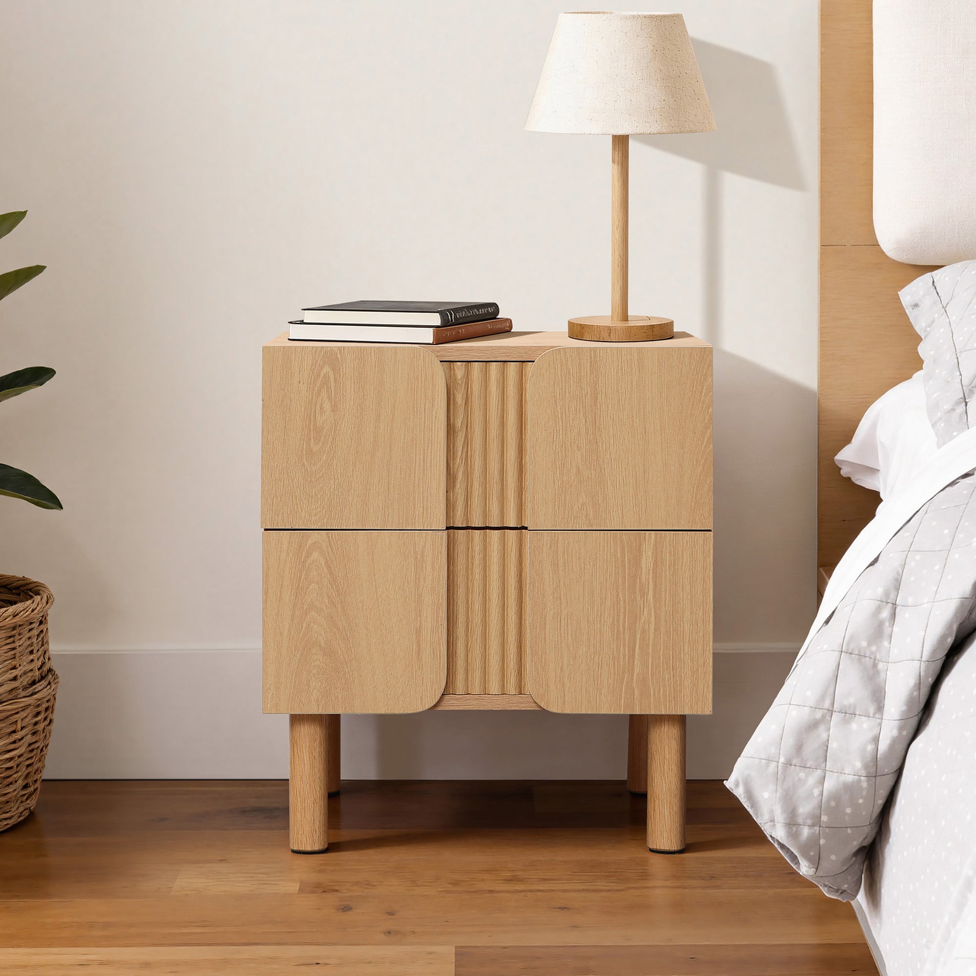 Scandinavian-Inspired Nightstand – Natural North American White Oak with Curved Doors & Storage Drawers