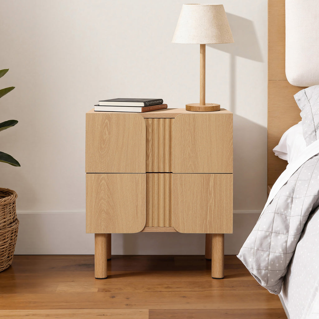 Minimalist Nightstand, 2-Drawer End Table in Blonde Birch Finish