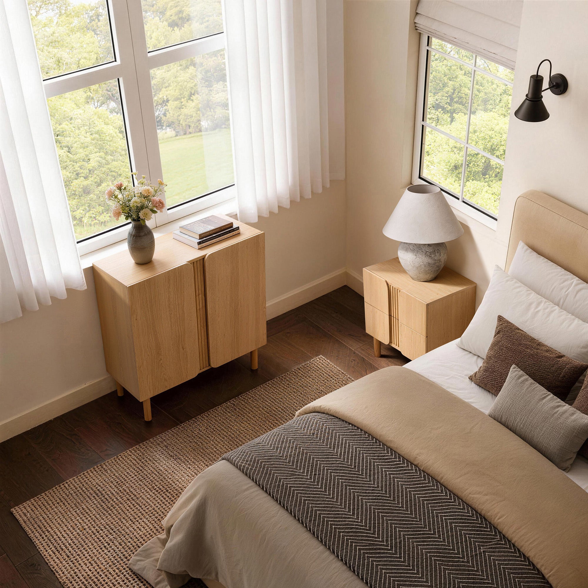 Minimalist Nightstand, 2-Drawer End Table in Blonde Birch Finish
