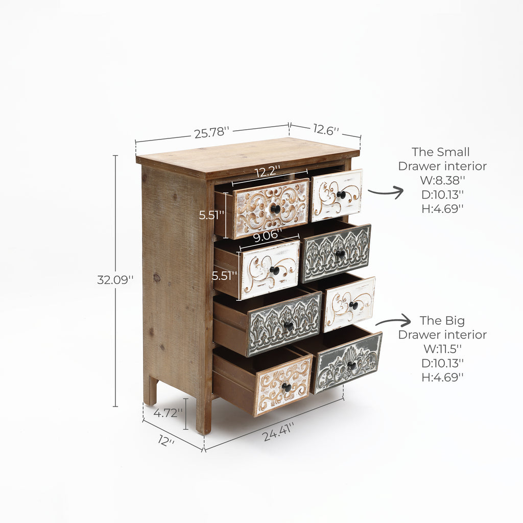 8-Drawer 32" H x 25.8" W Rustic Carved Wood Accent Chest