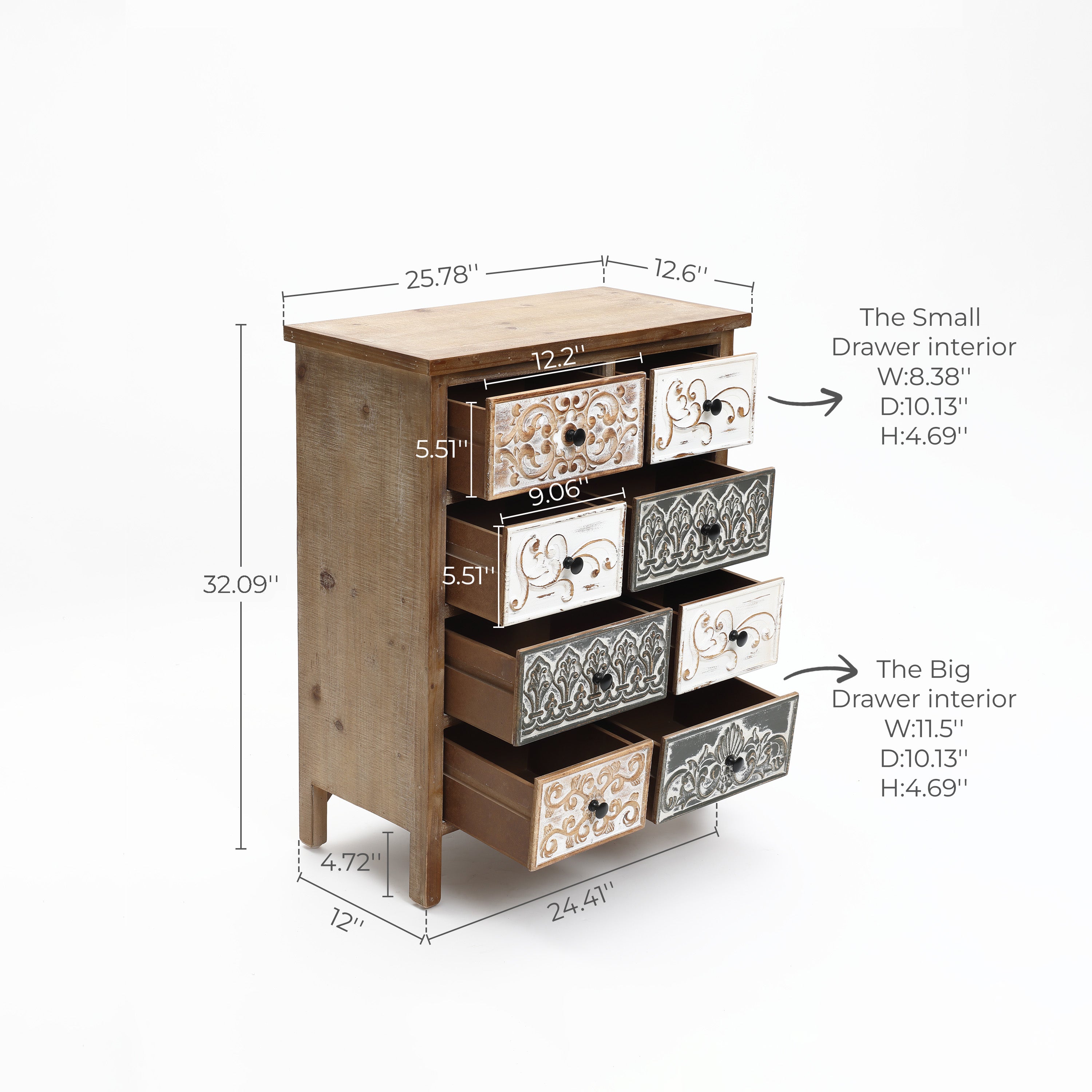 8-Drawer 32" H x 25.8" W Rustic Carved Wood Accent Chest