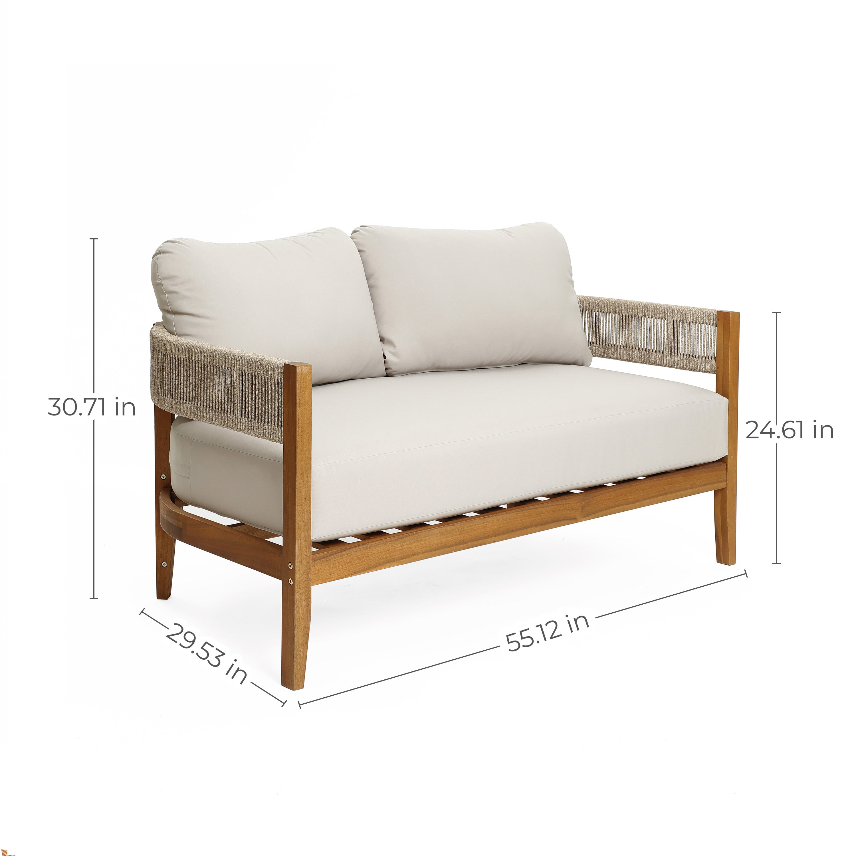 Outdoor Acacia Wood with Rope Sides Club Loveseat with Cushions and Coffee Table