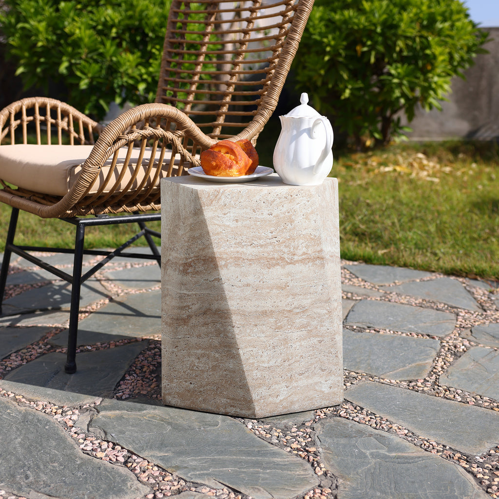 Travertine-Style Irregular Pentagon Textured MgO Side Table