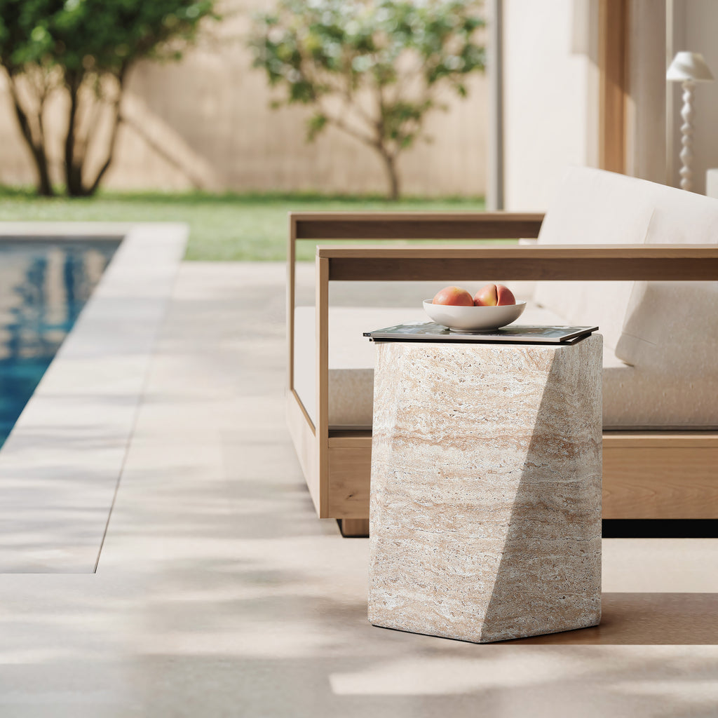 Travertine-Style Irregular Pentagon Textured MgO Side Table