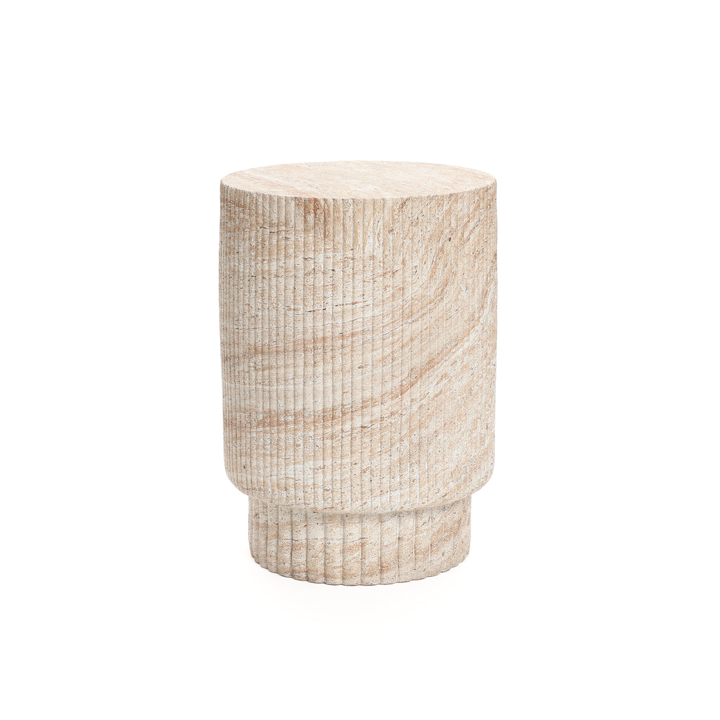 Travertine-Style Round Ribbed MgO Side Table