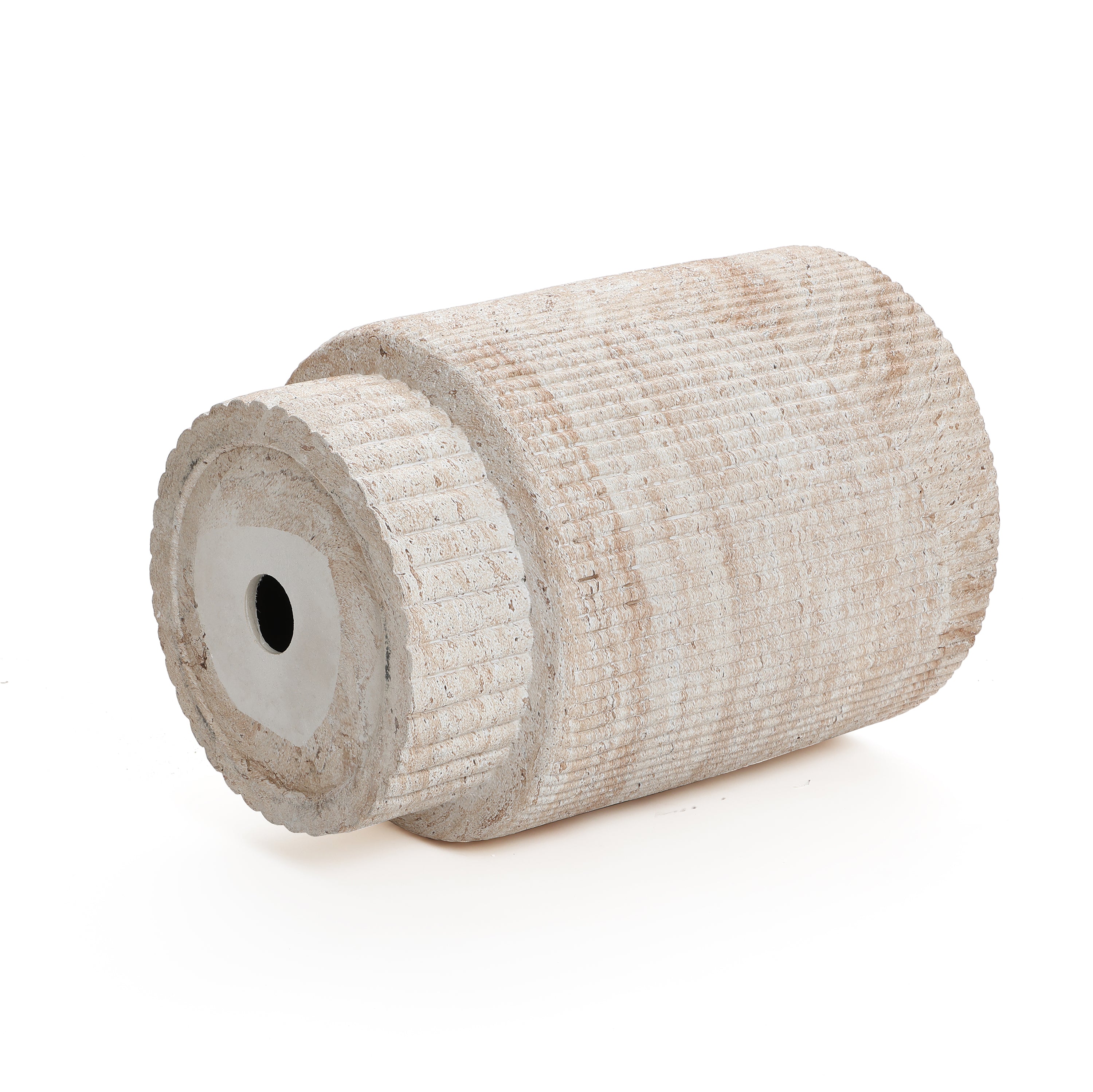 Travertine-Style Round Ribbed MgO Side Table