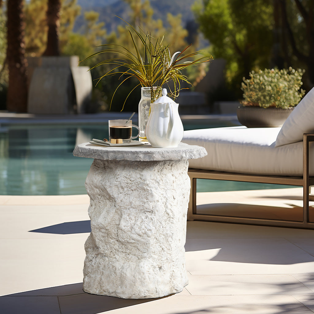 Off White Outdoor Side Table, MgO Patio Accent with Textured Base & Smooth Top