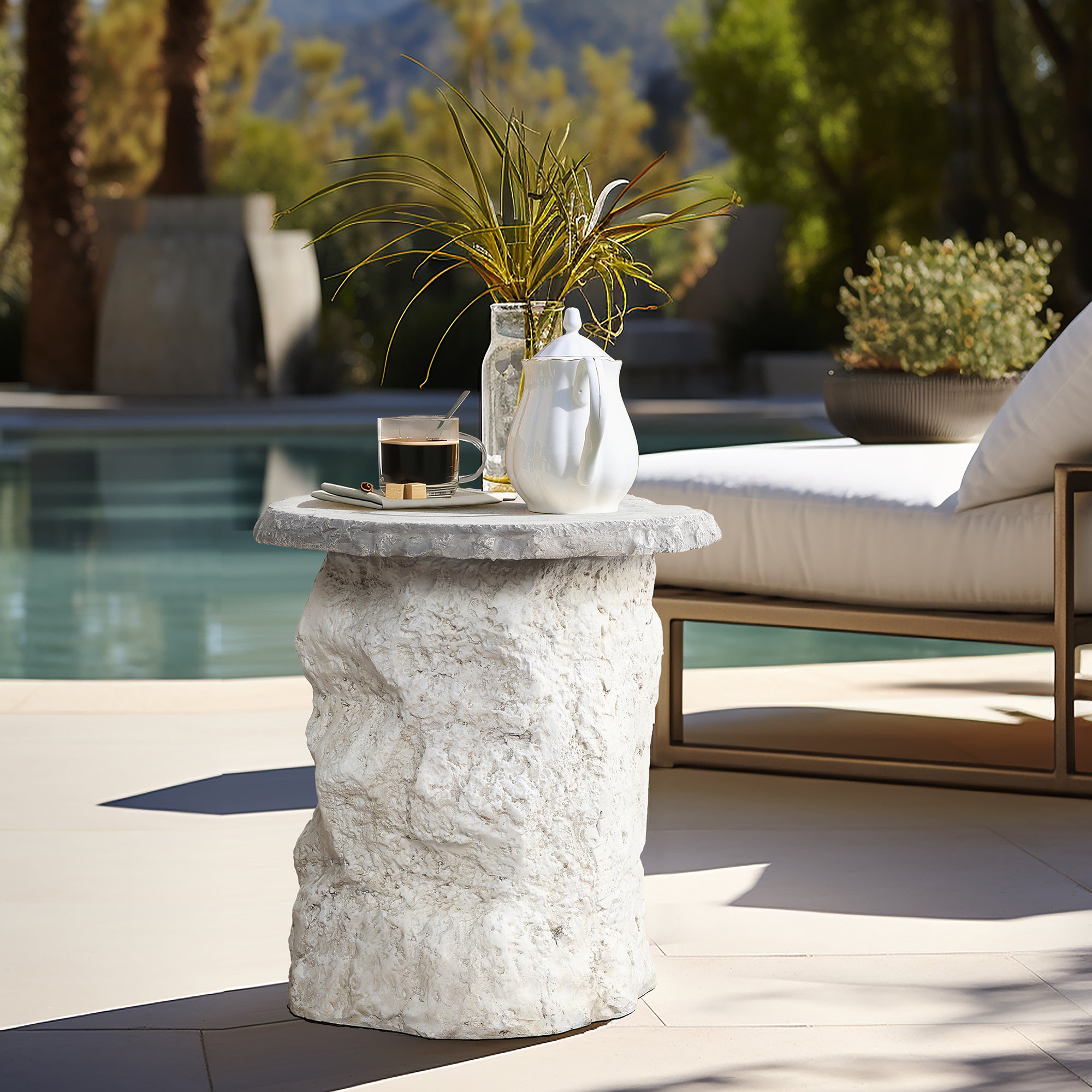 Off White Outdoor Side Table, MgO Patio Accent with Textured Base & Smooth Top