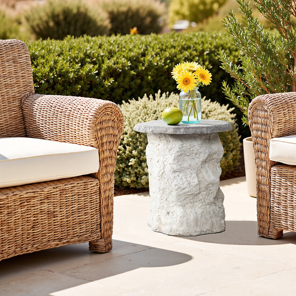 Off White Outdoor Side Table, MgO Patio Accent with Textured Base & Smooth Top