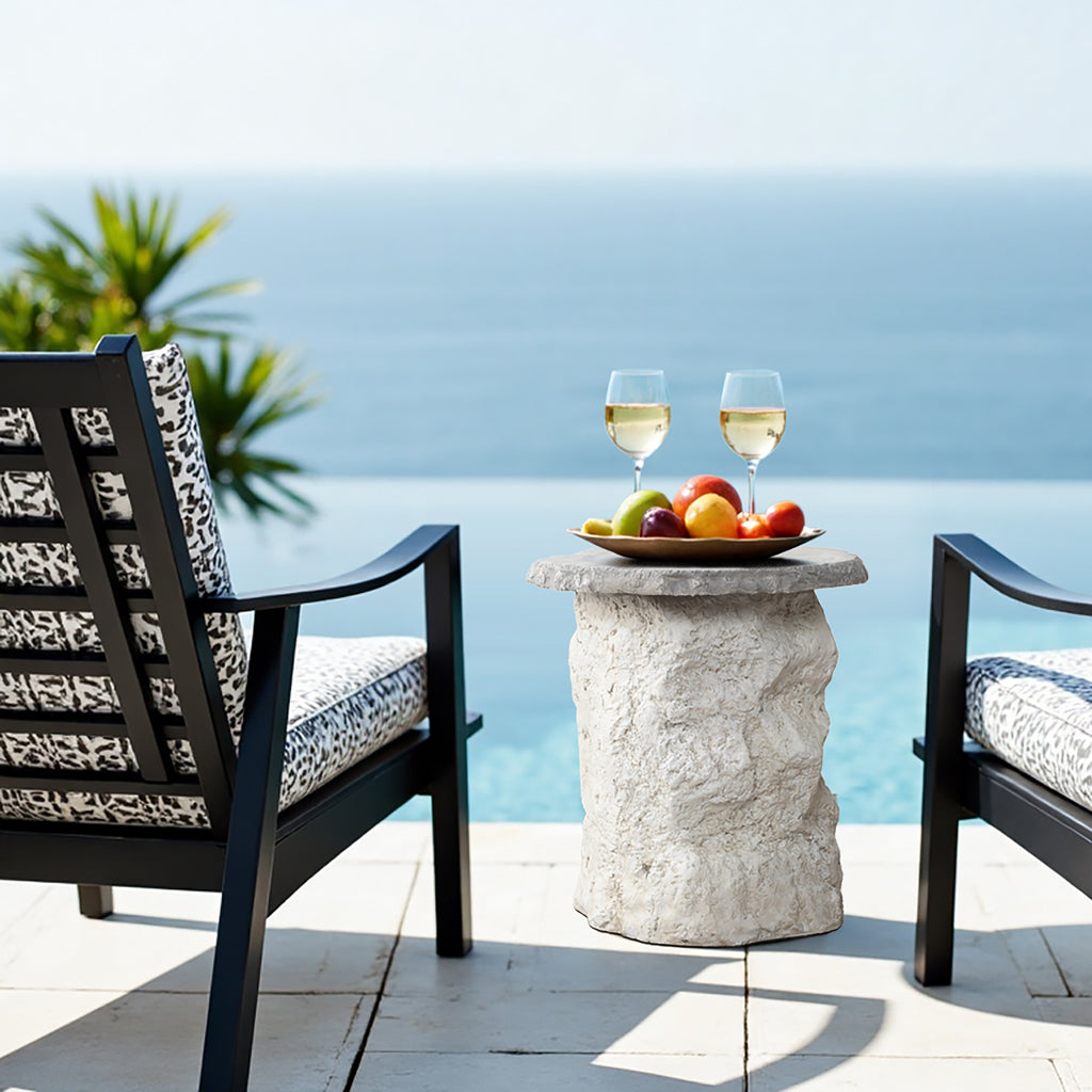 Off White Outdoor Side Table, MgO Patio Accent with Textured Base & Smooth Top
