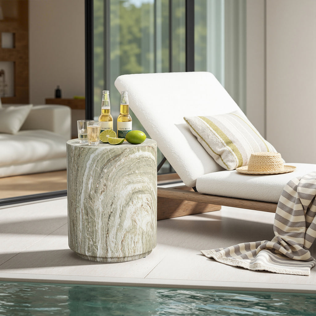 Outdoor Cylindrical Side Table – Magnesium Oxide with Faux Marble Finish for Patio & Lounge Spaces
