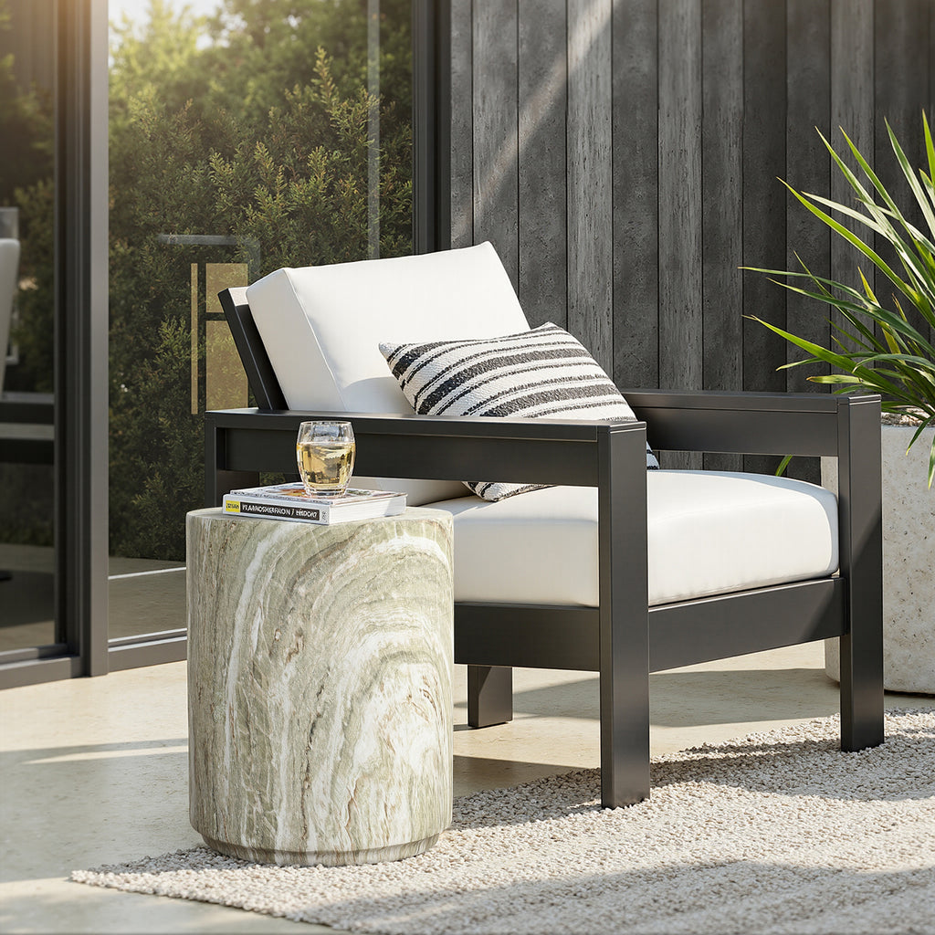 Outdoor Cylindrical Side Table – Magnesium Oxide with Faux Marble Finish for Patio & Lounge Spaces