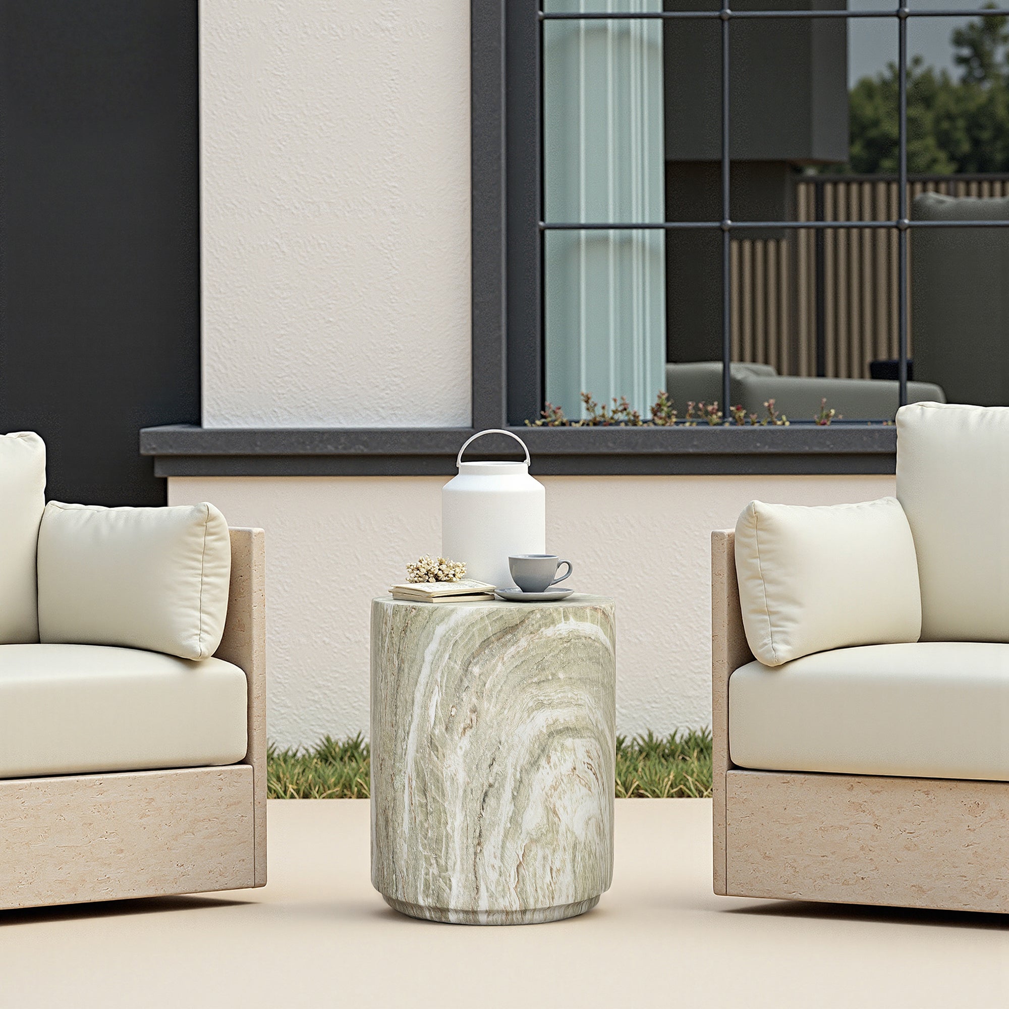 Outdoor Cylindrical Side Table – Magnesium Oxide with Faux Marble Finish for Patio & Lounge Spaces