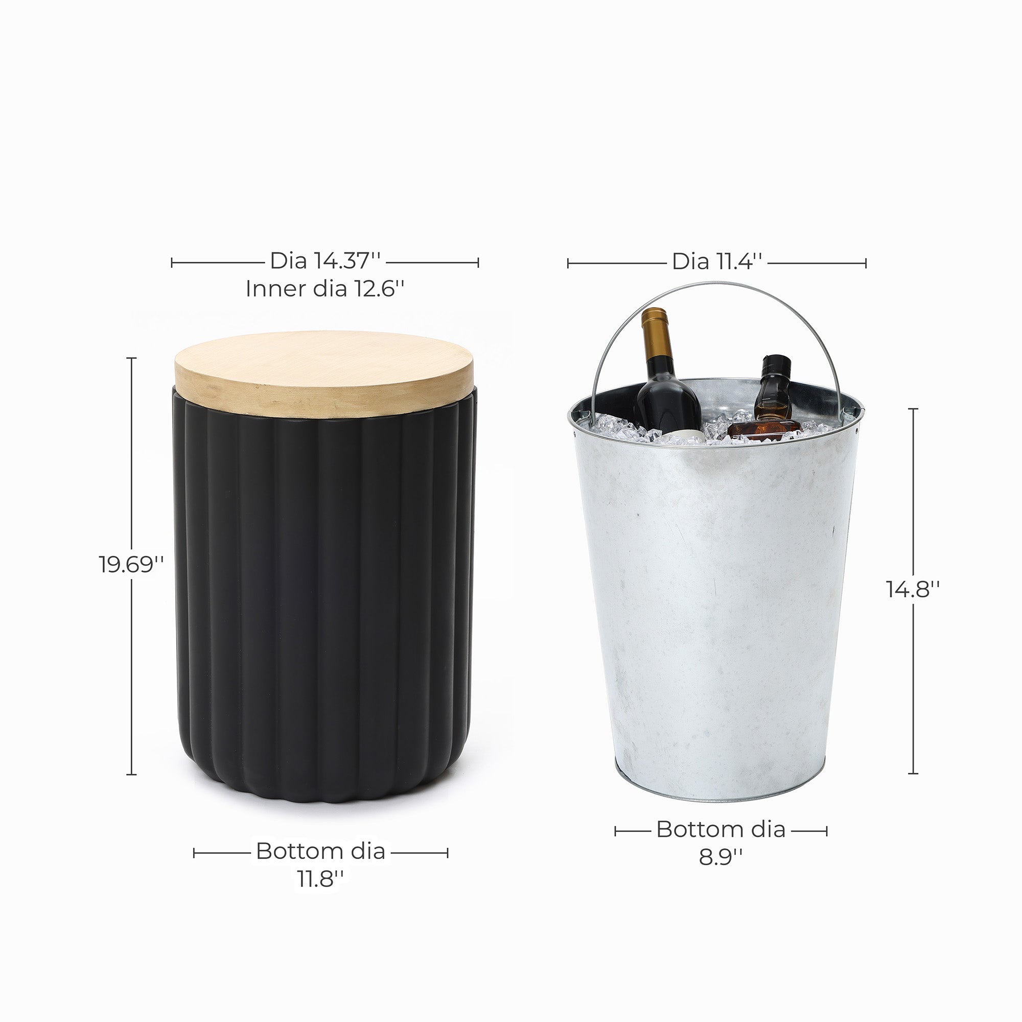 Black Fluted Round Patio Side Table with Lid & Built-In Metal Ice Bucket