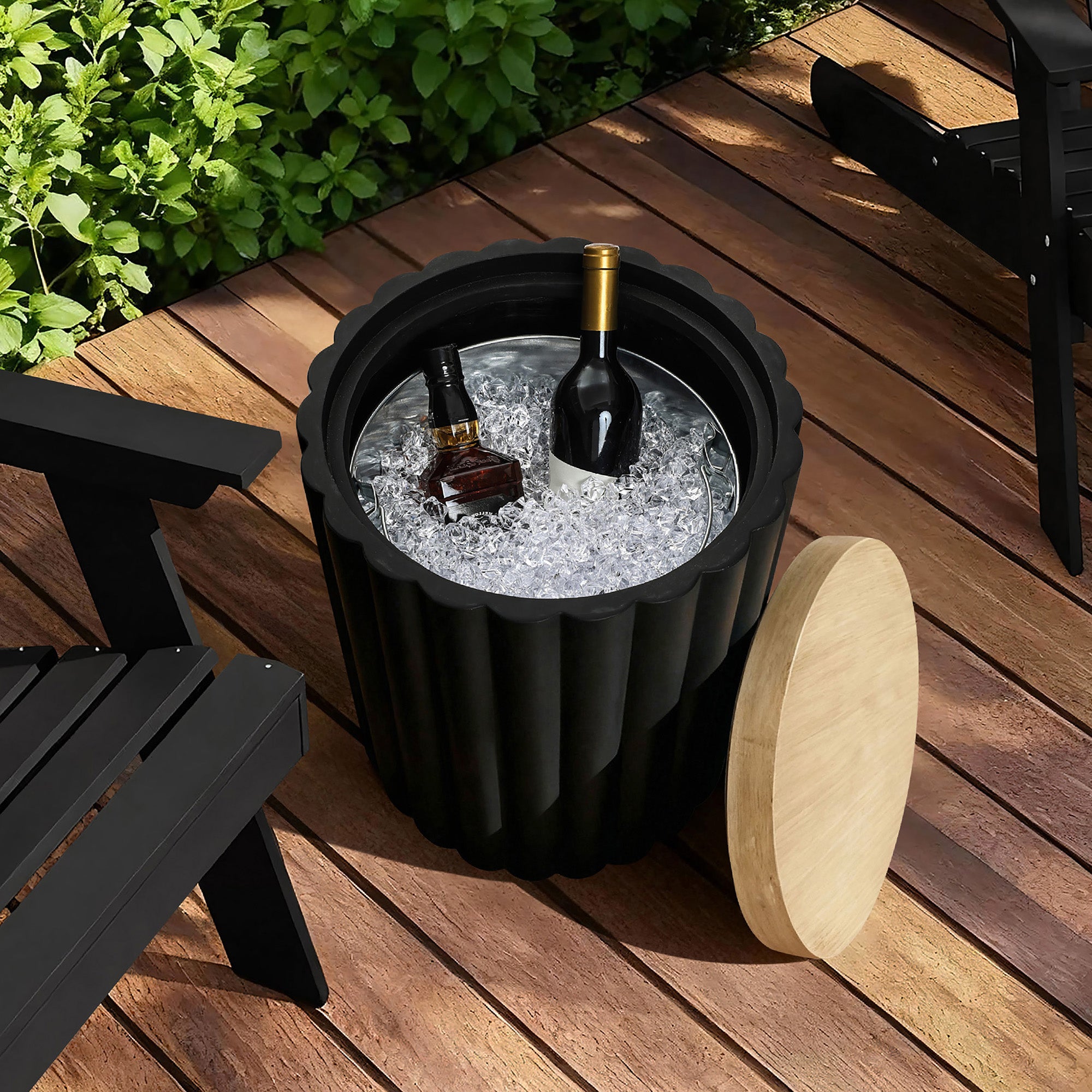 Black Fluted Round Patio Side Table with Lid & Built-In Metal Ice Bucket