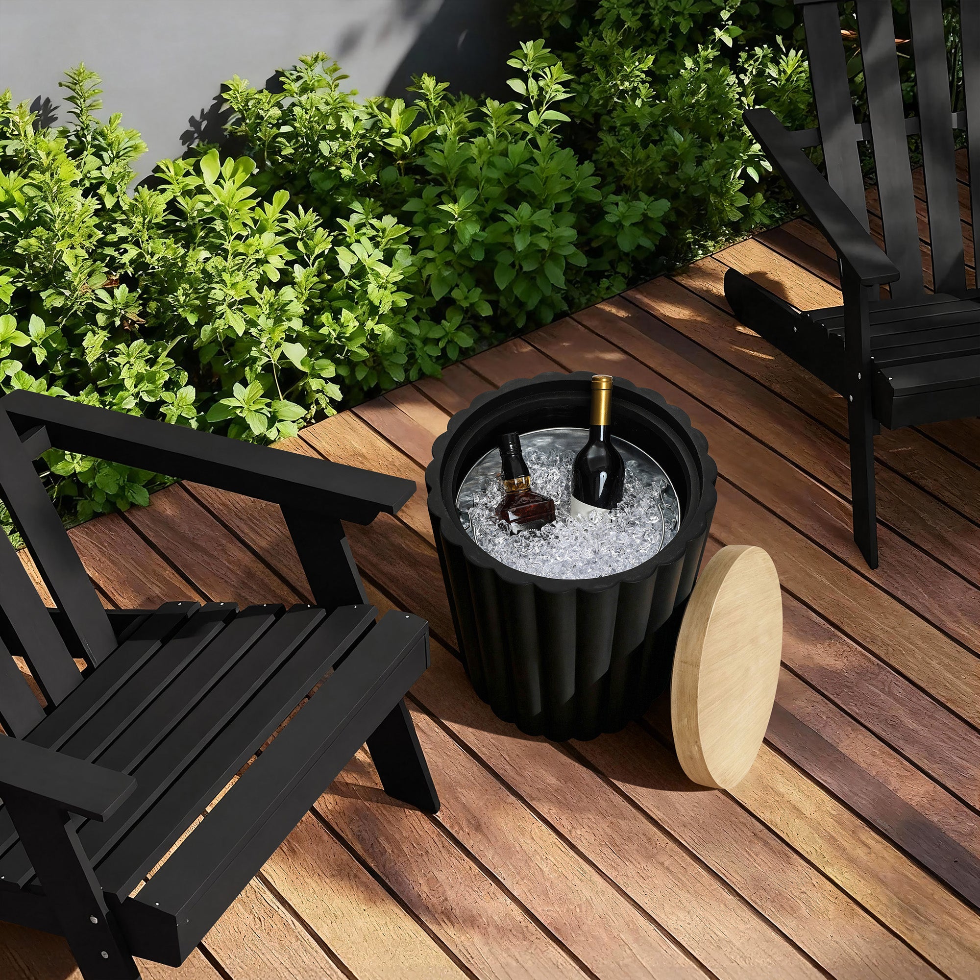 Black Fluted Round Patio Side Table with Lid & Built-In Metal Ice Bucket