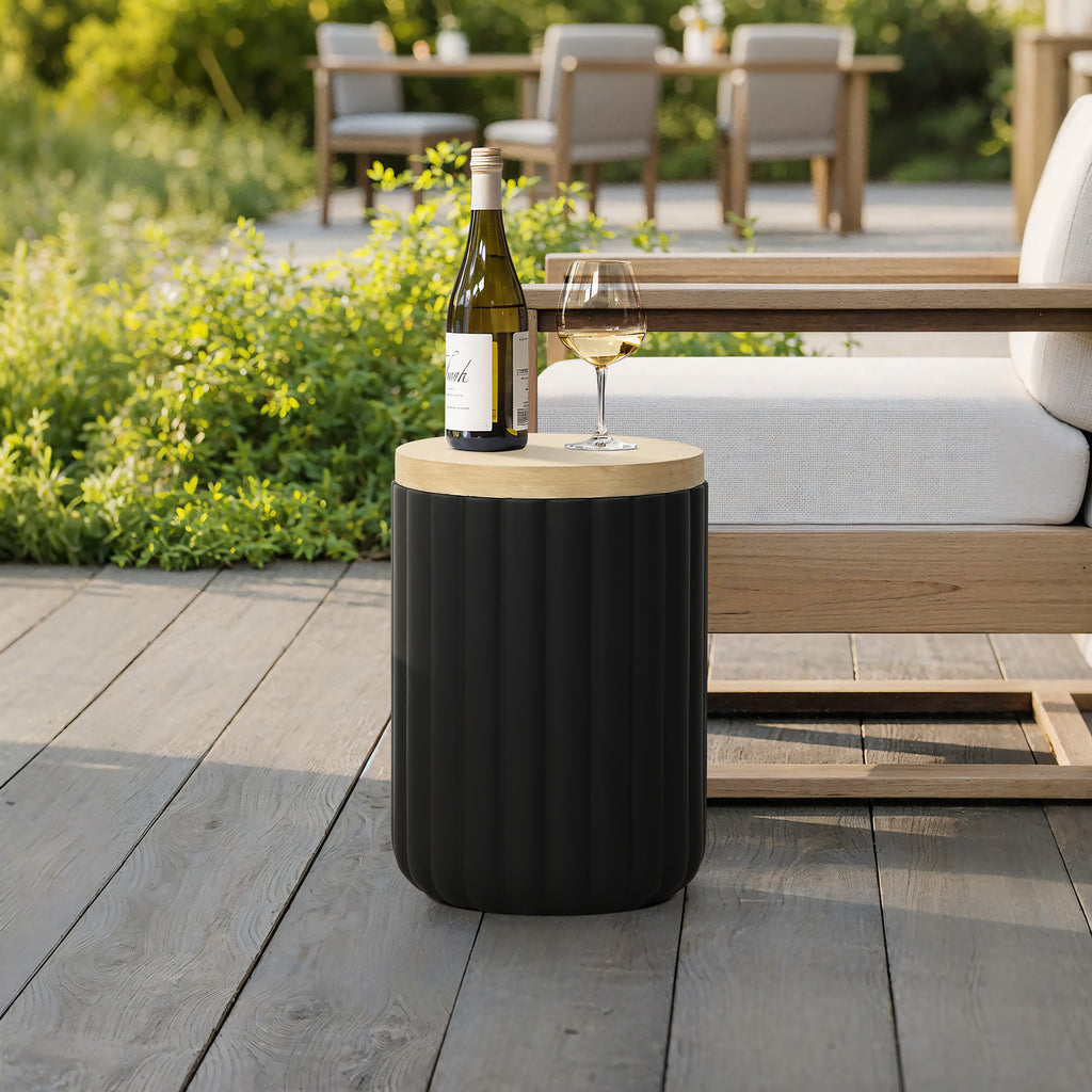 Black Fluted Round Patio Side Table with Lid & Built-In Metal Ice Bucket