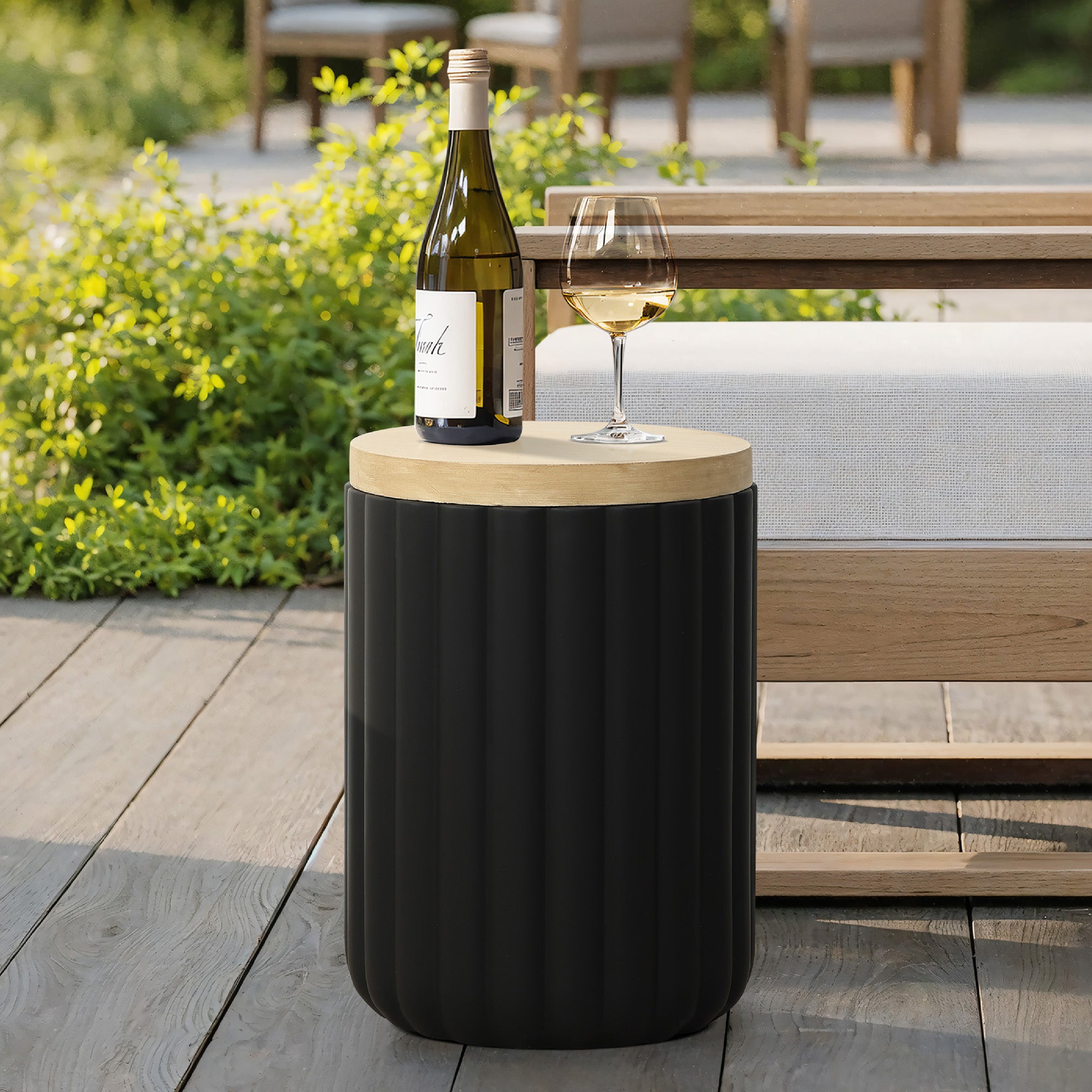 Black Fluted Round Patio Side Table with Lid & Built-In Metal Ice Bucket