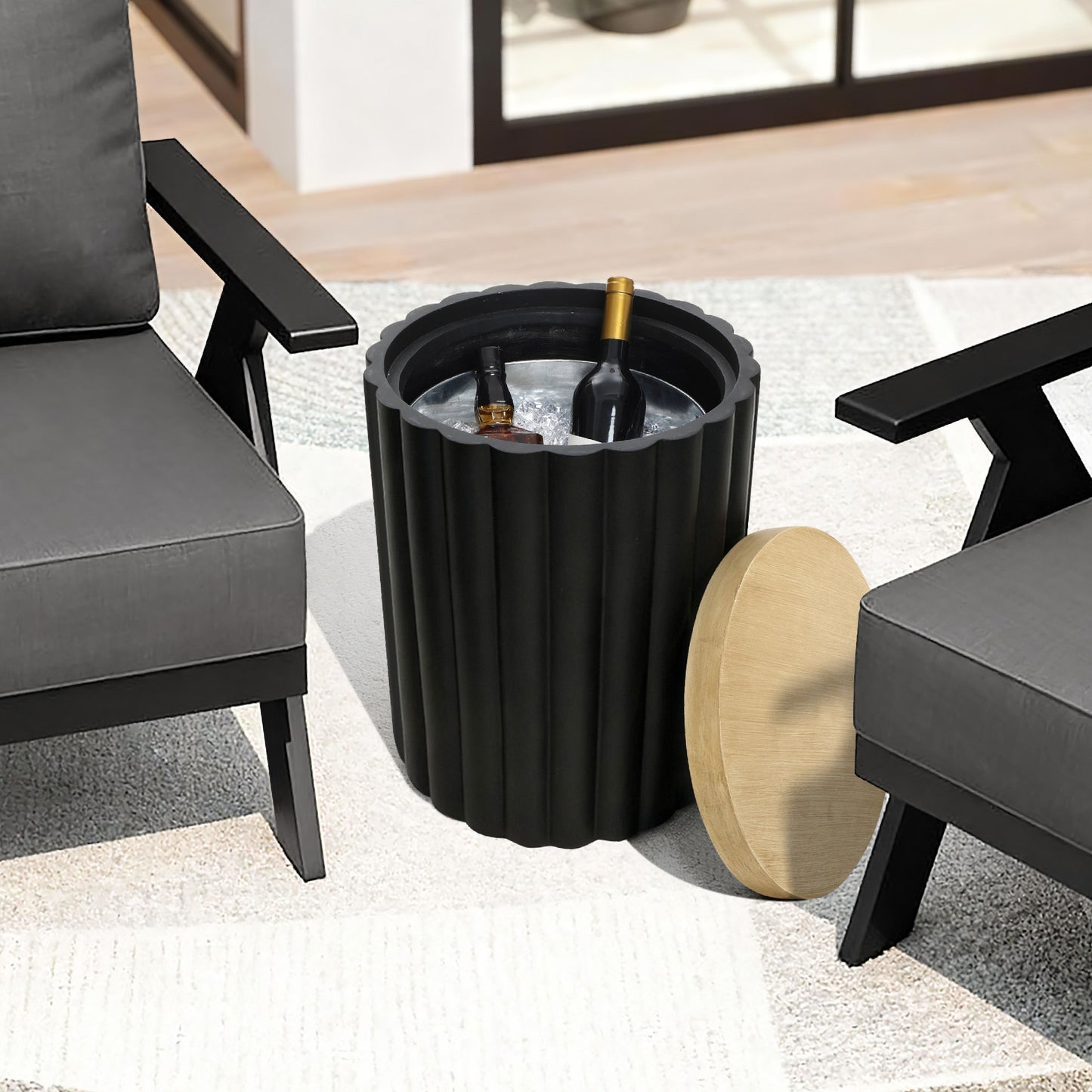Dual-Purpose Fluted MgO Outdoor Side Table Ice Bucket Cooler, Black