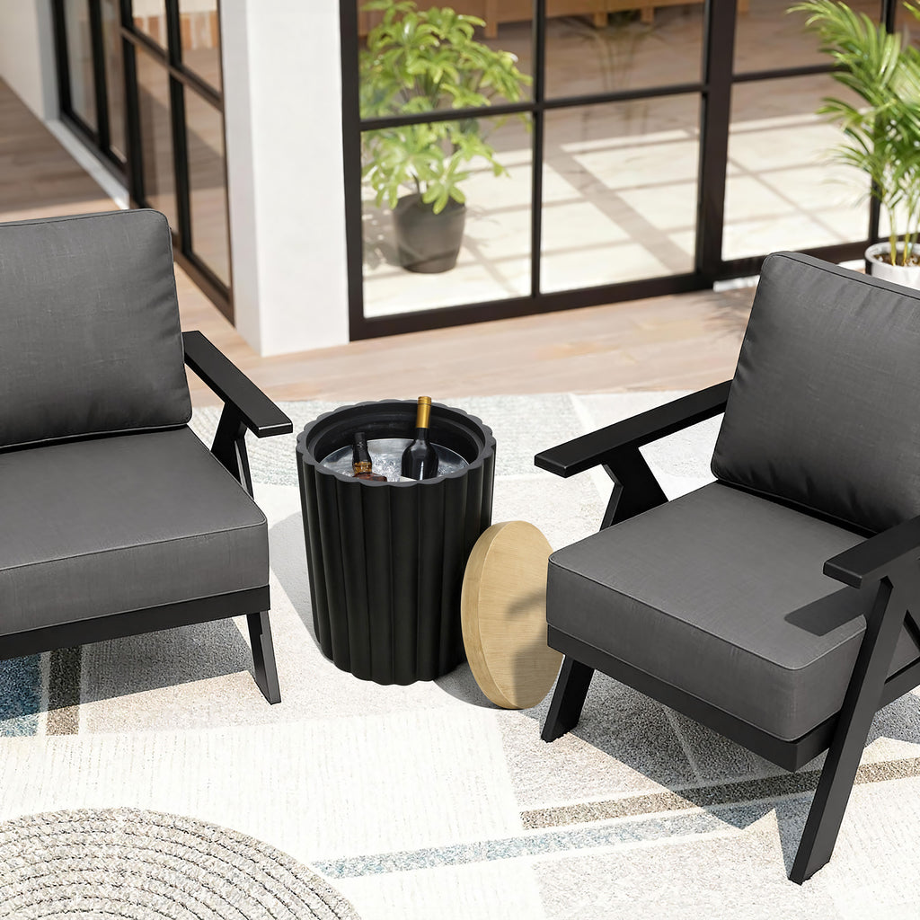 Black Fluted Round Patio Side Table with Lid & Built-In Metal Ice Bucket