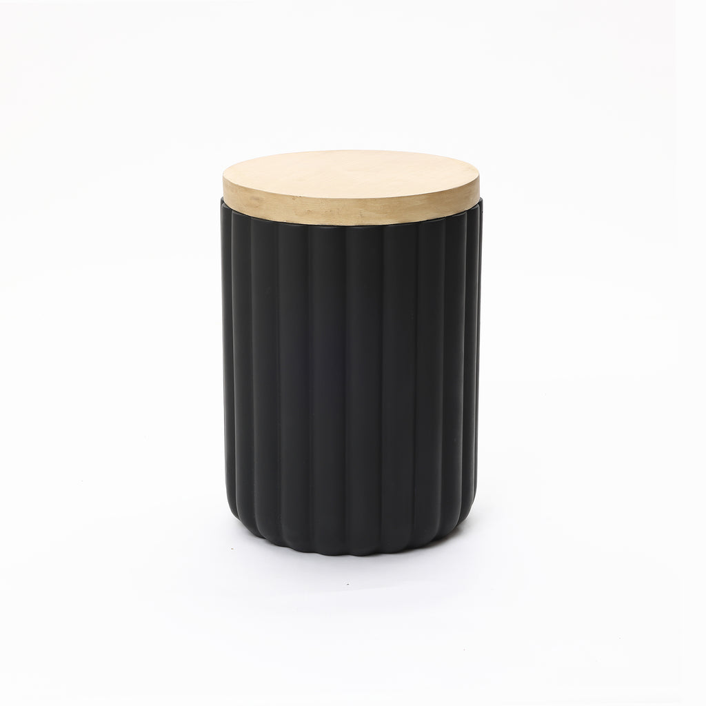 Black Fluted Round Patio Side Table with Lid & Built-In Metal Ice Bucket