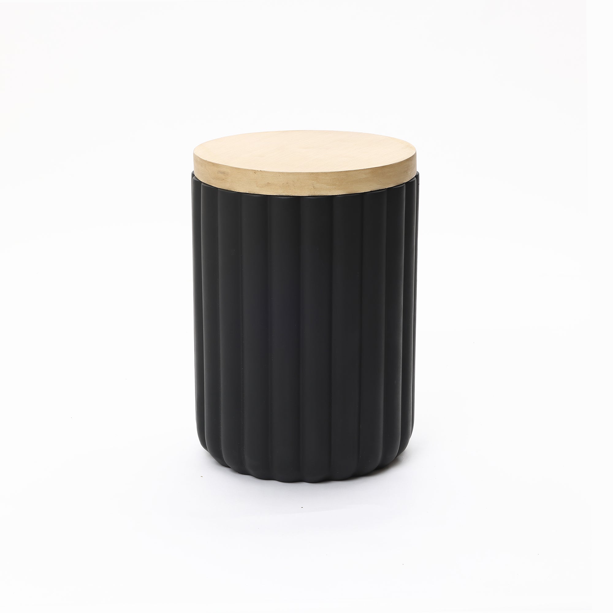 Black Fluted Round Patio Side Table with Lid & Built-In Metal Ice Bucket