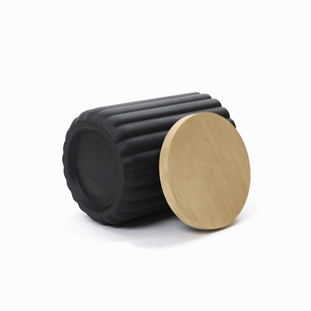 Black Fluted Round Patio Side Table with Lid & Built-In Metal Ice Bucket