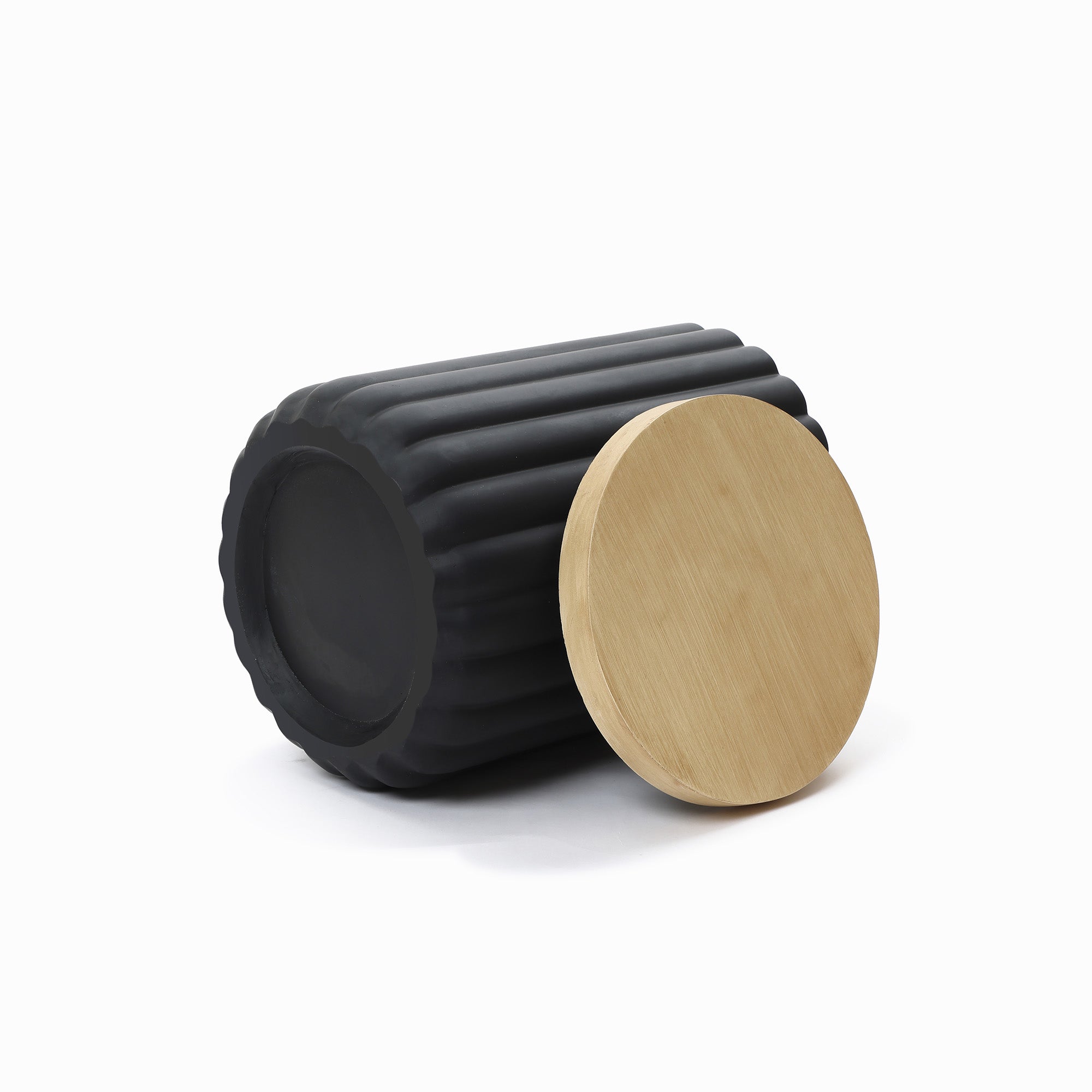 Black Fluted Round Patio Side Table with Lid & Built-In Metal Ice Bucket