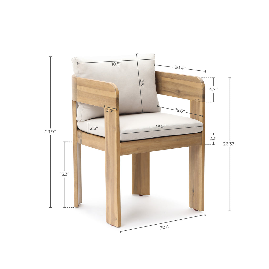 Modern Outdoor Acacia Wood Armchair with Cushions, Set of 2