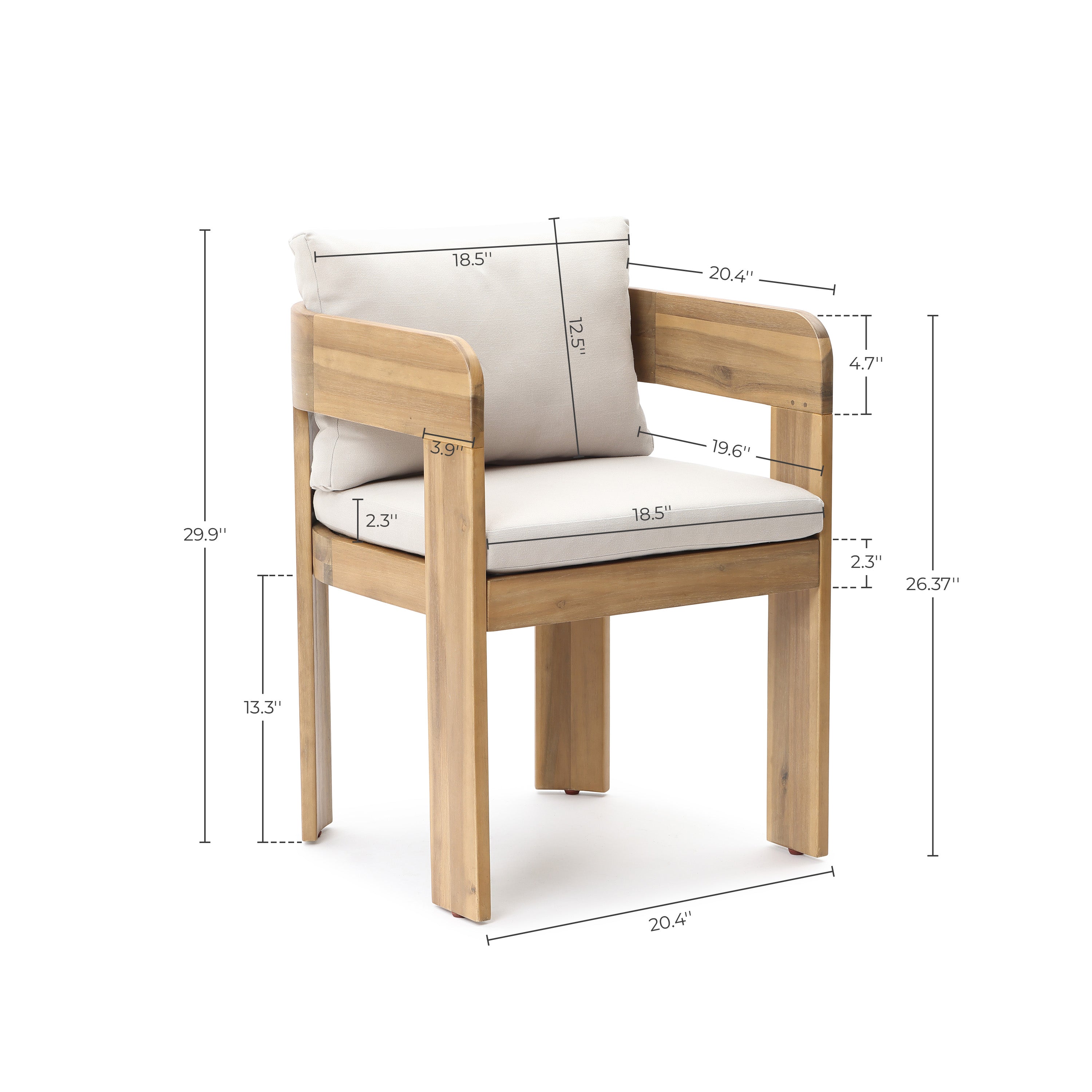 Modern Outdoor Acacia Wood Armchair with Cushions, Set of 2