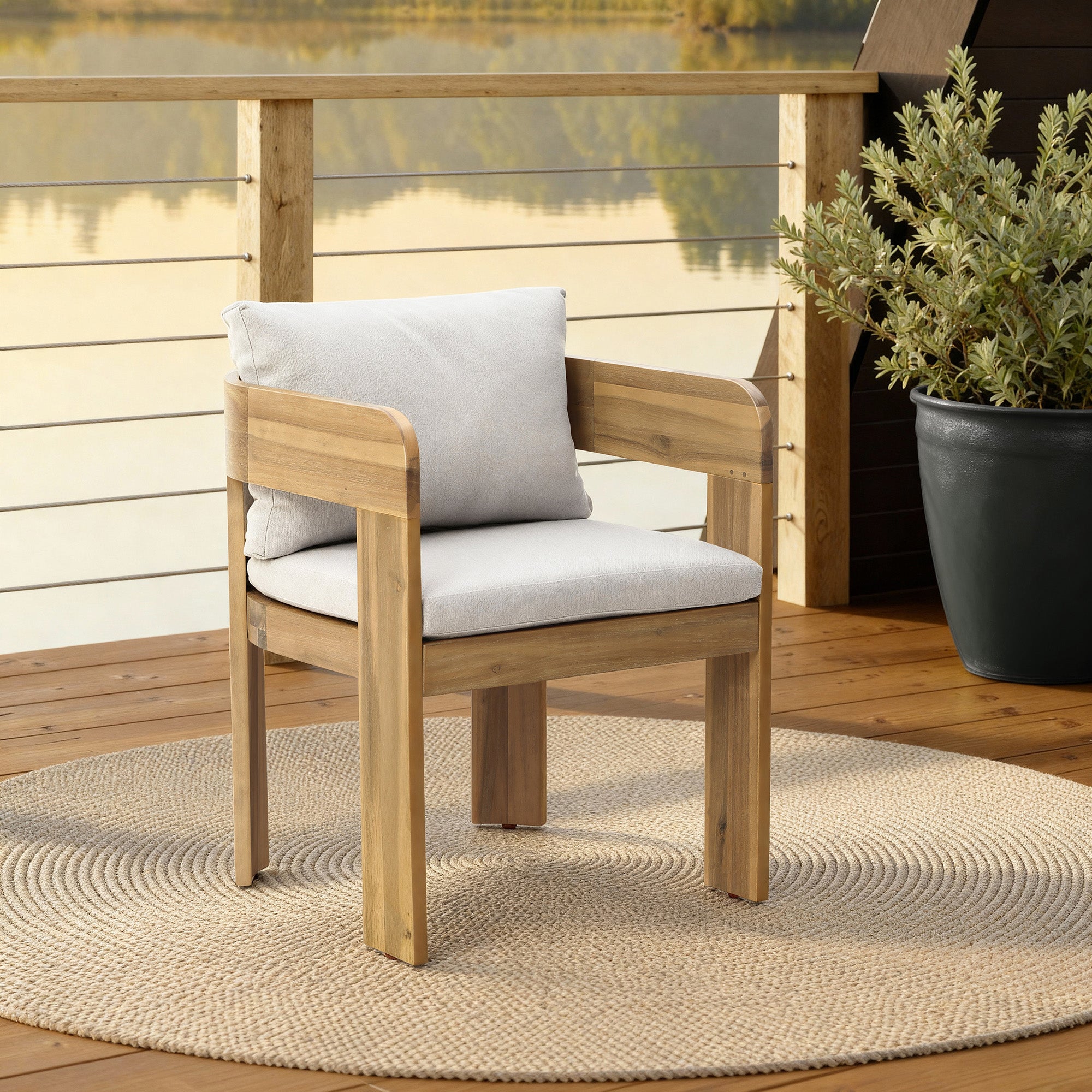 Modern Outdoor Acacia Wood Armchair with Cushions, Set of 2