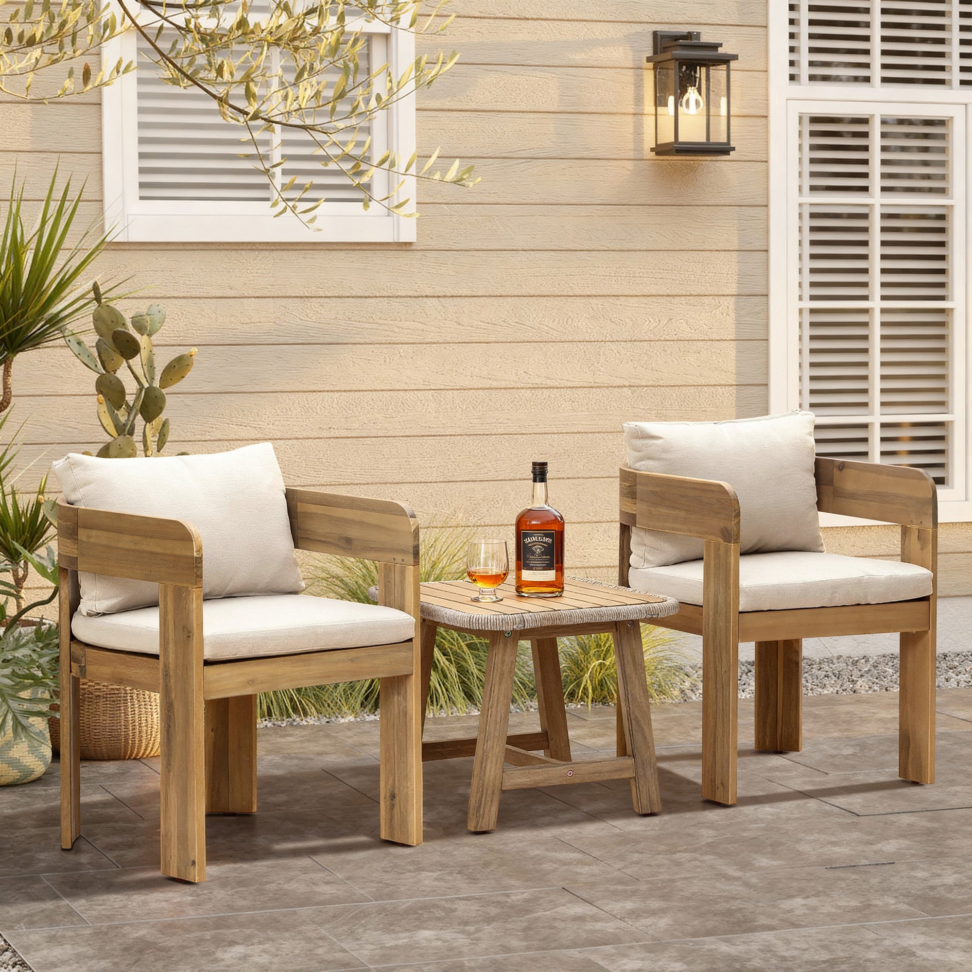 Modern Outdoor Acacia Wood Armchair with Cushions, Set of 2