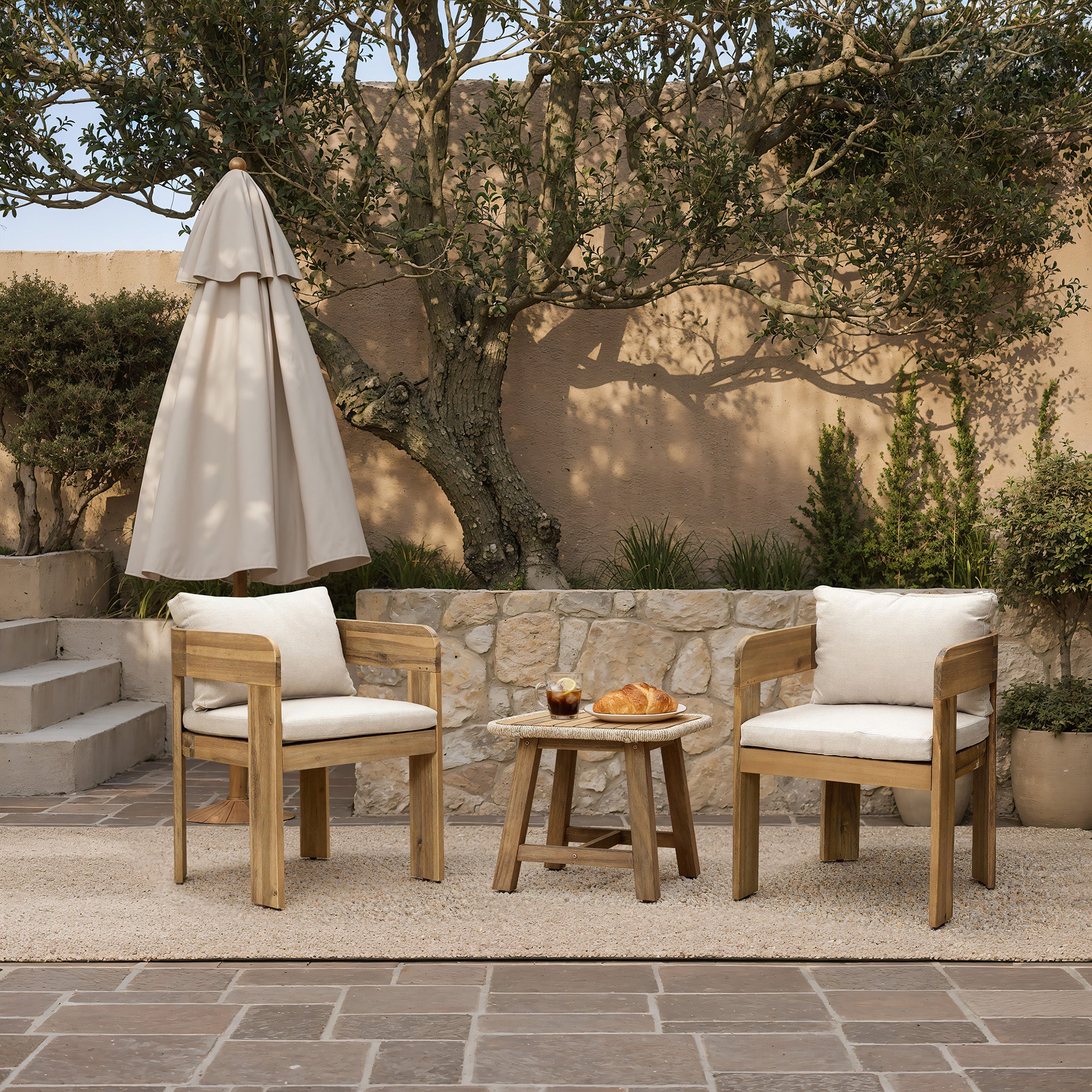 Modern Outdoor Acacia Wood Armchair with Cushions, Set of 2