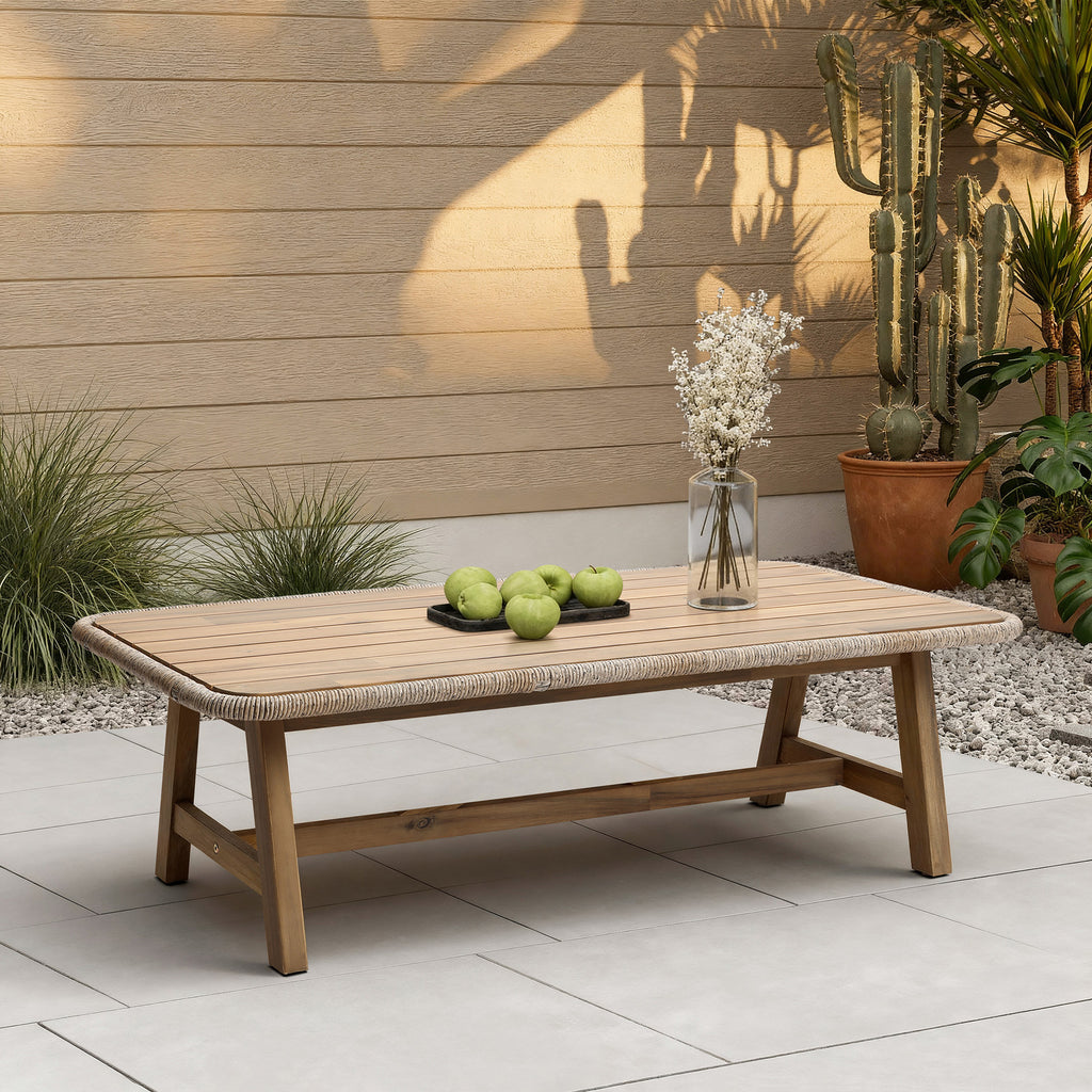 Outdoor Acacia Wood Coffee Table with Woven Wicker Trim