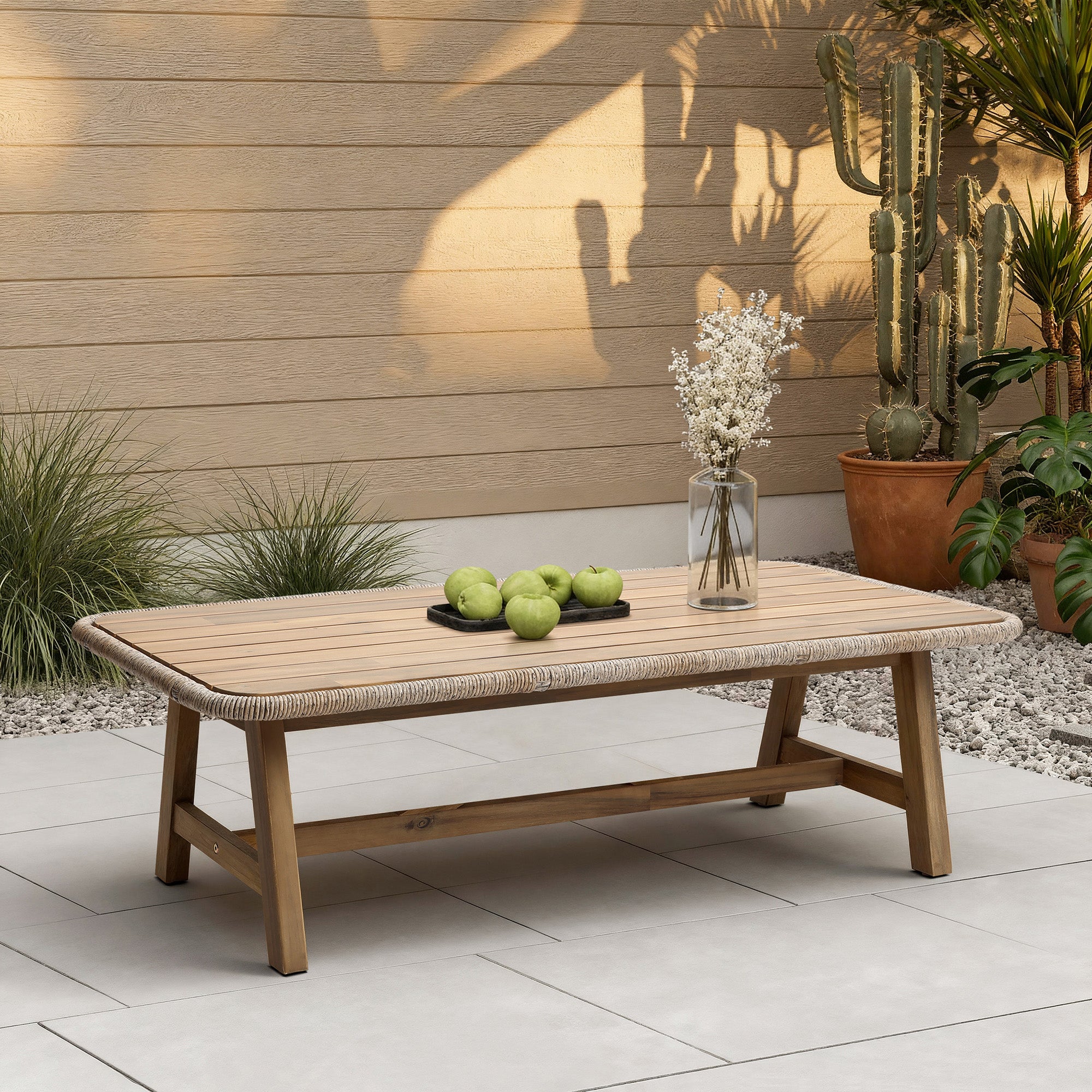 Outdoor Acacia Wood Coffee Table with Woven Wicker Trim