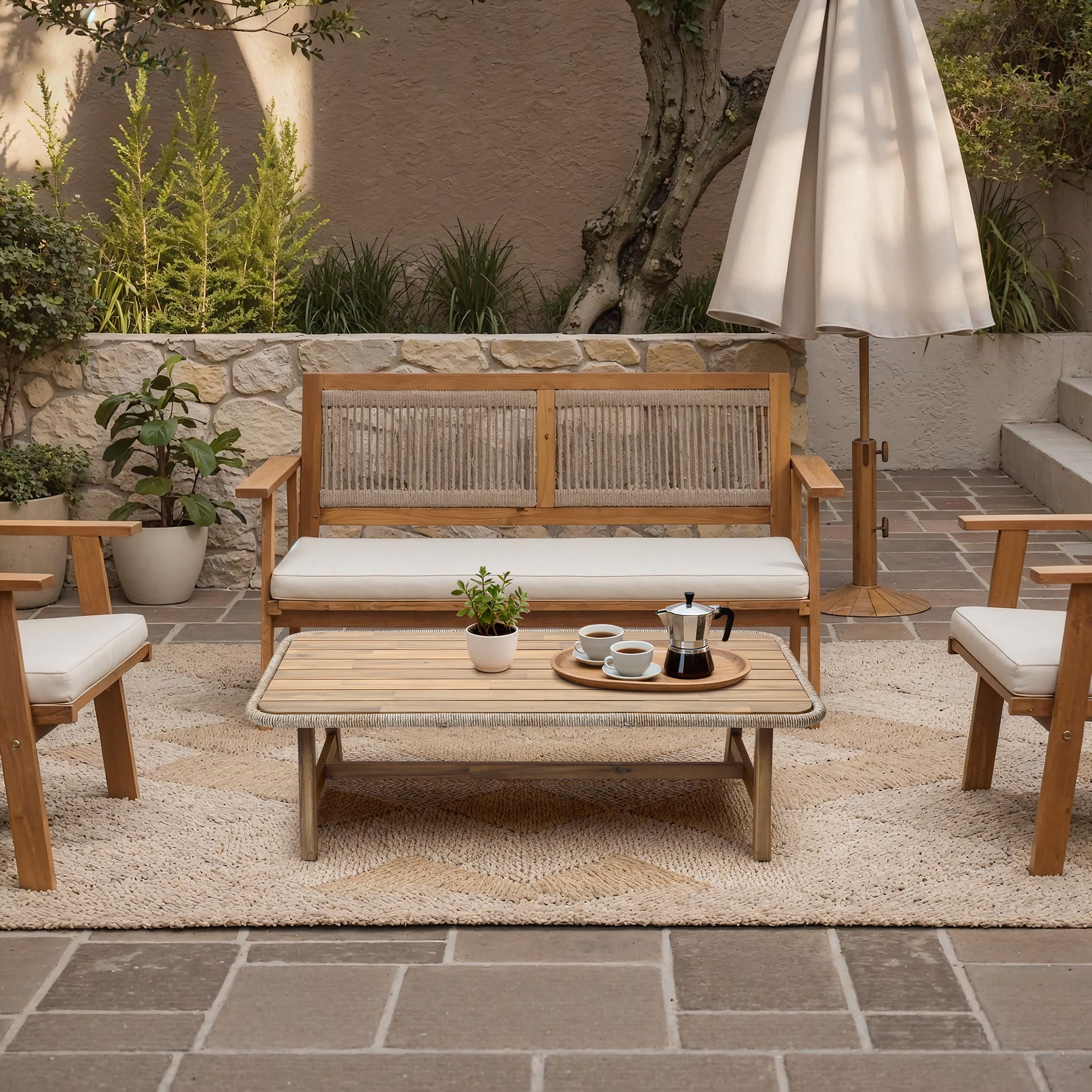 Outdoor Acacia Wood Coffee Table with Woven Wicker Trim