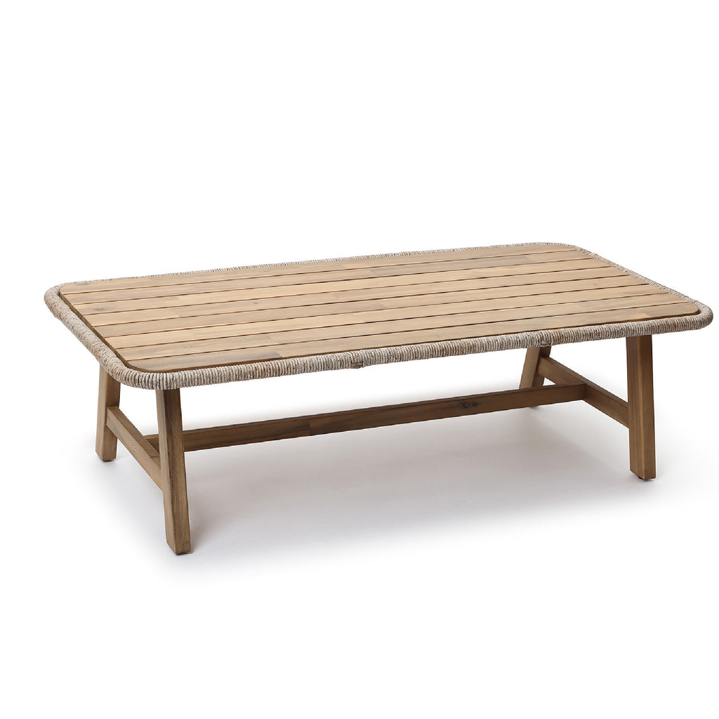 Outdoor Acacia Wood Coffee Table with Woven Wicker Trim