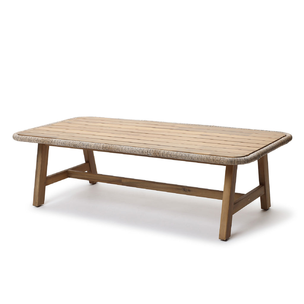 Outdoor Acacia Wood Coffee Table with Woven Wicker Trim