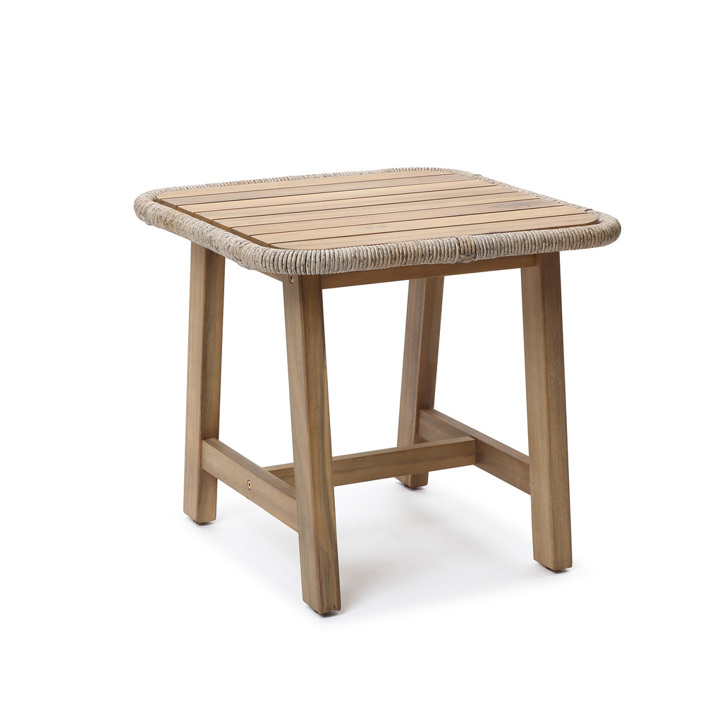 Outdoor Acacia Wood Side Table with Woven Wicker Trim