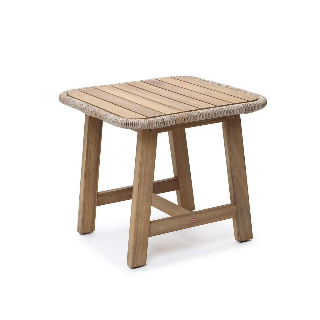 Outdoor Acacia Wood Side Table with Woven Wicker Trim