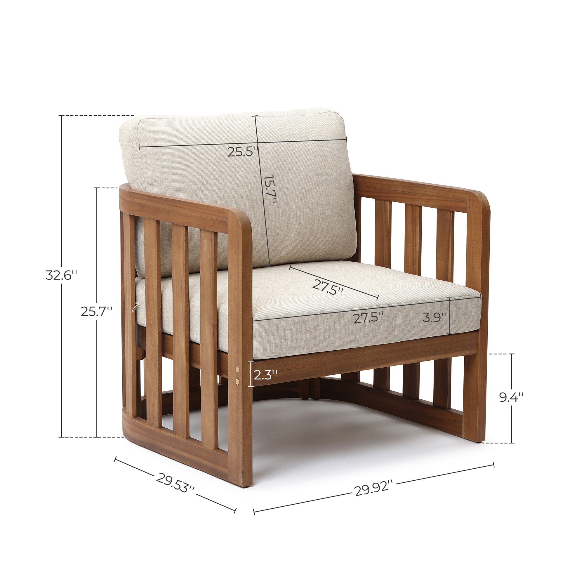 Outdoor Acacia Wood Patio Armchair with Beige Cushions, Slatted Back Design
