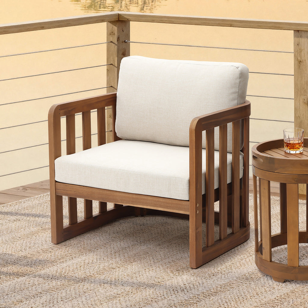 Outdoor Acacia Wood Patio Armchair with Beige Cushions, Slatted Back Design