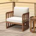Outdoor Acacia Wood Patio Armchair with Beige Cushions, Slatted Back Design