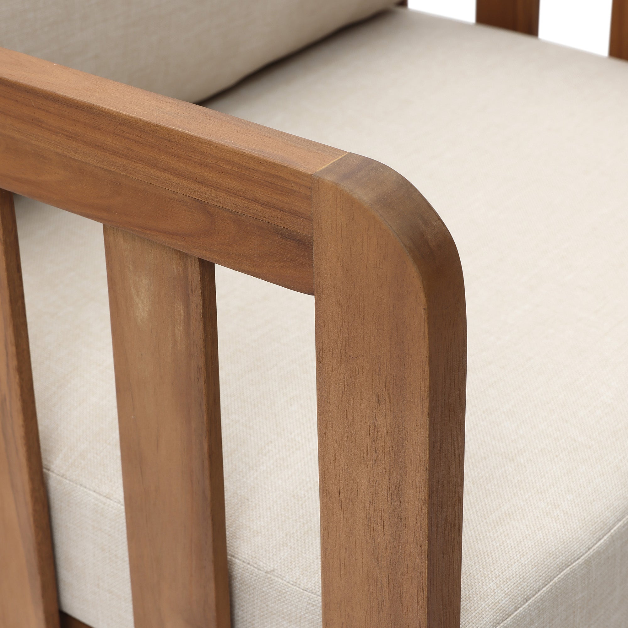 Outdoor Acacia Wood Patio Armchair with Beige Cushions, Slatted Back Design